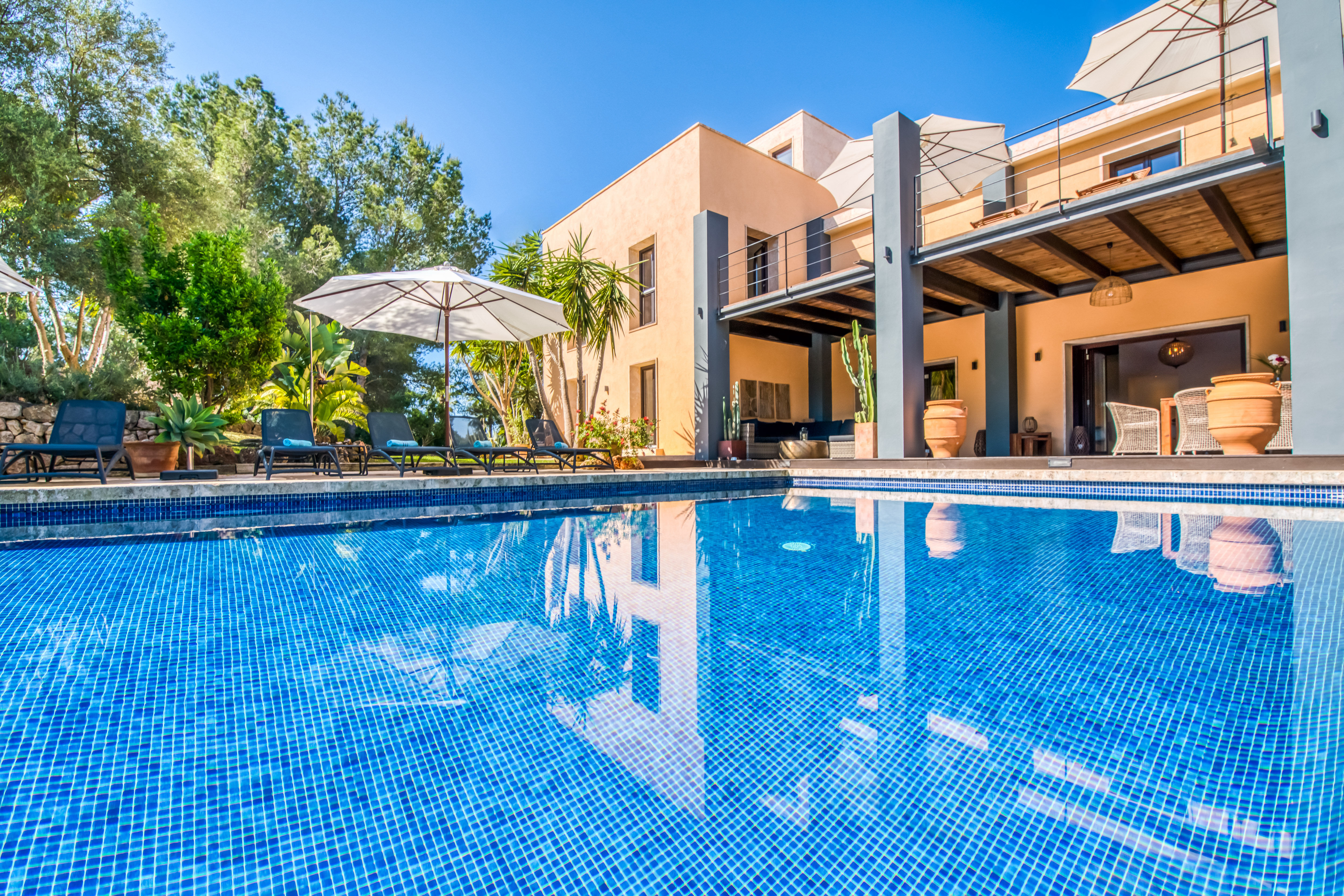 Blick von den Liegen zum Pool